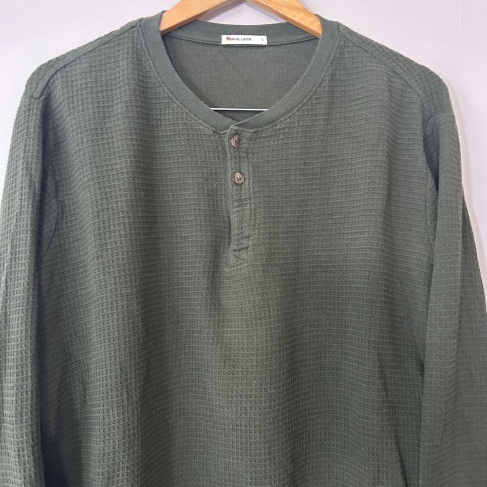 Marine Layer Shirt Men Large Green Henley Waffle Knit Supima Cotton Long Sleeve